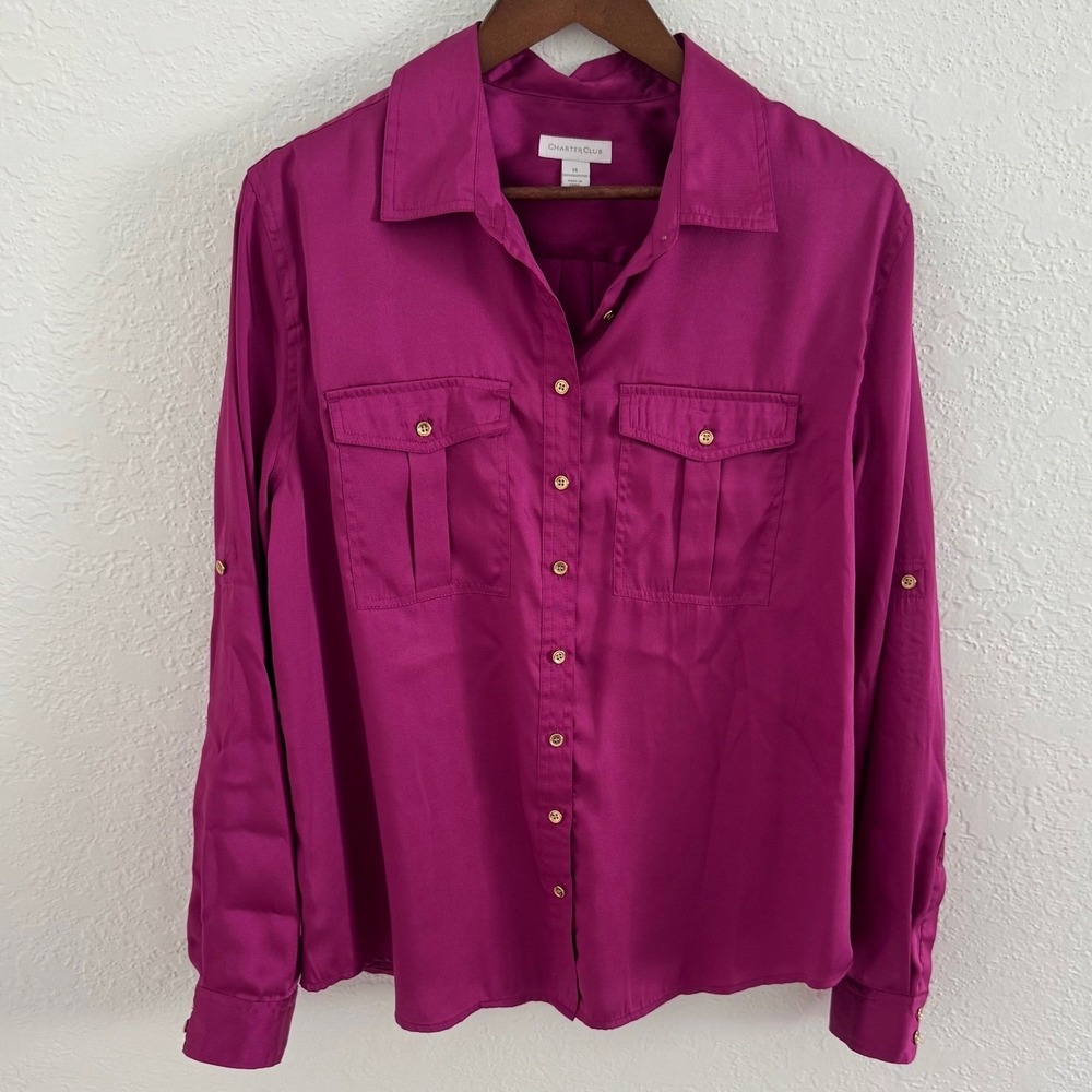 Charter Club Blouse Womens 14 Fuscia Satin Collared Button Up Long Sleeve NWT